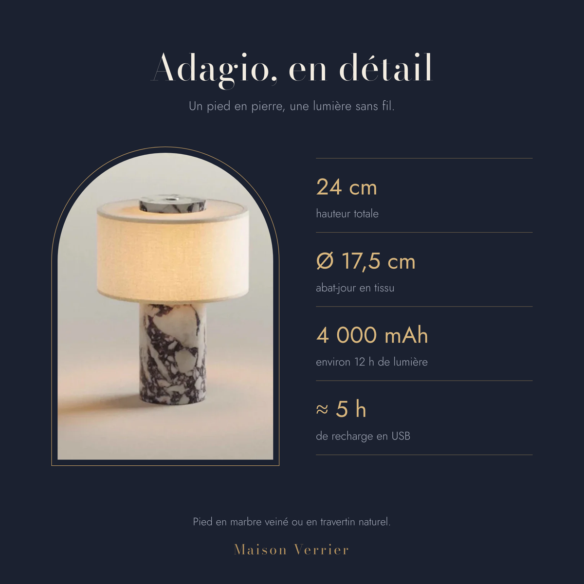 Dimensions de la lampe sans fil Adagio : 24 cm de haut, abat-jour Ø 17,5 cm, batterie 4 000 mAh