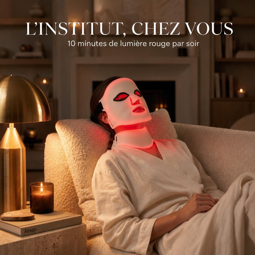 Masque LED visage et cou Aurore Ivoire, séance de lumière rouge au salon