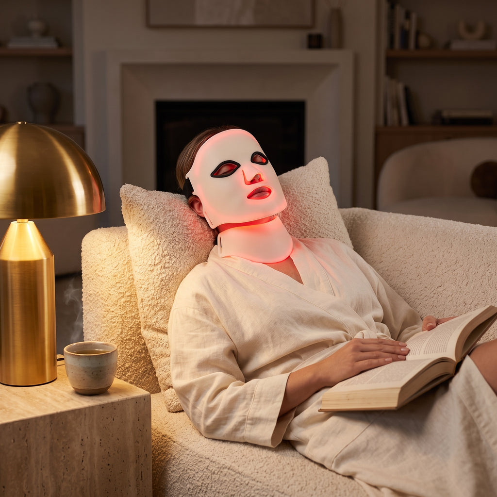 Séance de masque LED Aurore au salon, lumière rouge