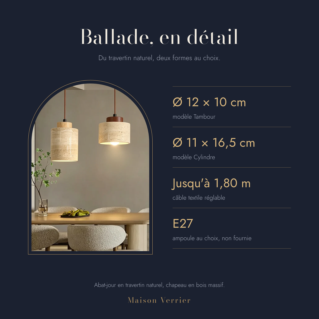 Dimensions de la suspension Ballade en travertin : tambour Ø 12 × 10 cm, cylindre Ø 11 × 16,5 cm