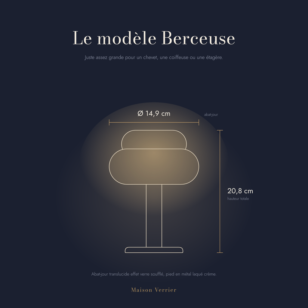Dimensions de la lampe Berceuse : 20,8 cm de haut, abat-jour Ø 14,9 cm
