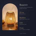 Lampe Bourrée : 22 cm de haut, Ø 18 cm, bambou tressé main, socle en bois