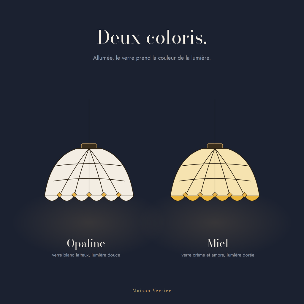 Les deux coloris de la suspension Cantate : Opaline et Miel
