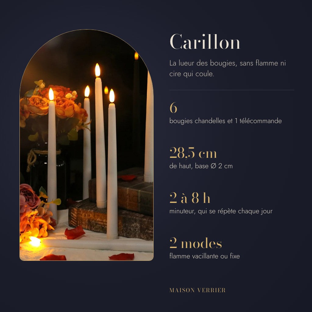 Bougies Carillon : lot de 6, 28,5 cm, minuteur 2 à 8 h, flamme vacillante ou fixe