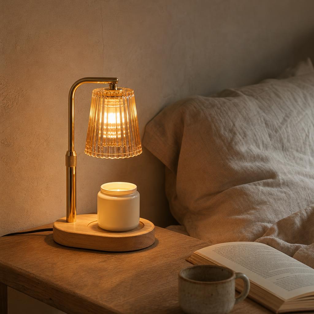 Lampe chauffe-bougie Madrigal sur une table de chevet en chêne