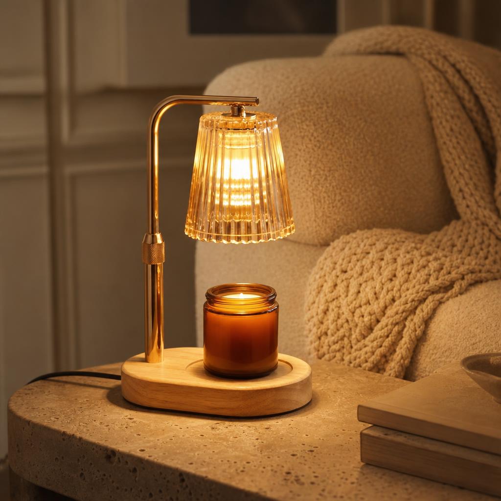 Lampe chauffe-bougie Madrigal allumée sur une table d'appoint en travertin