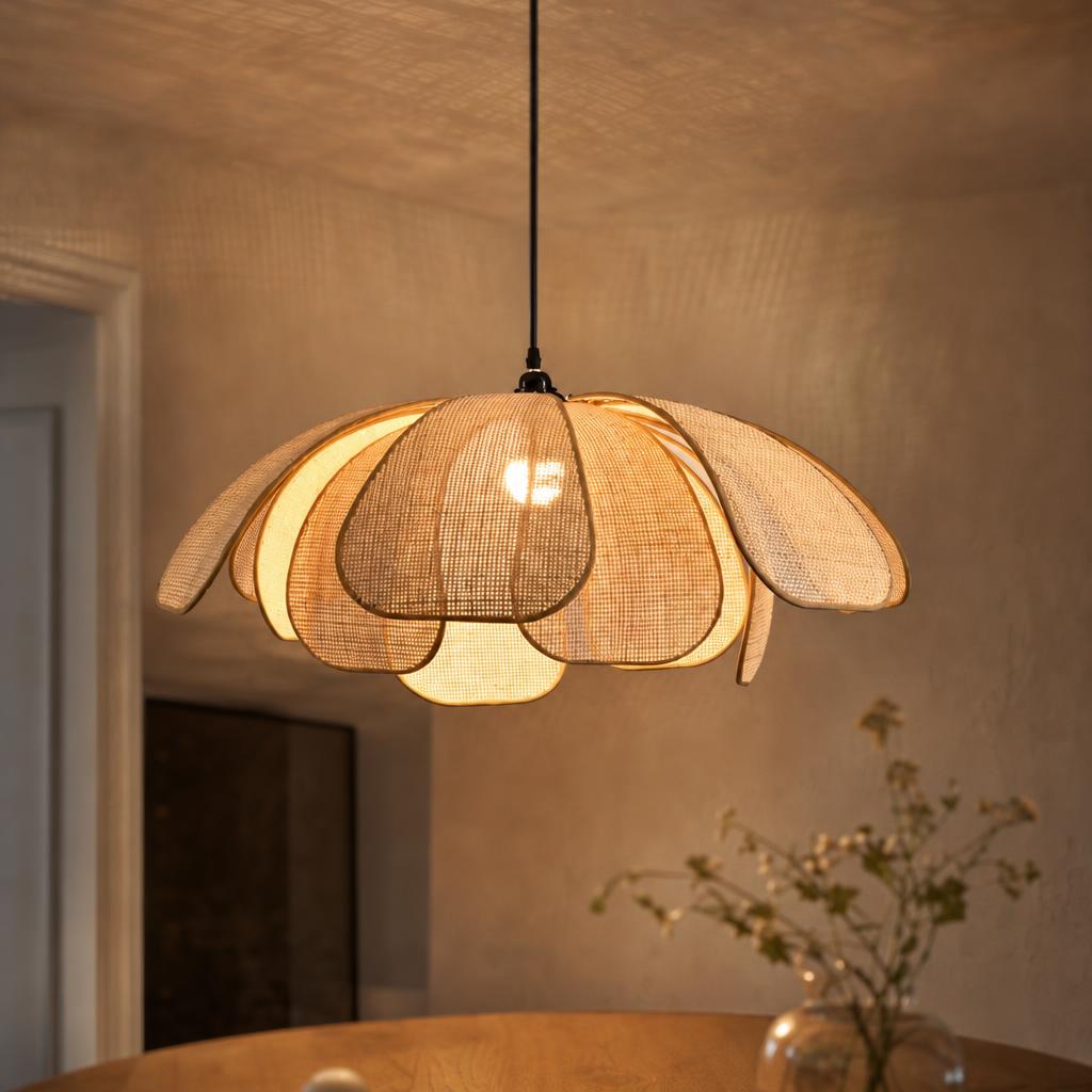 Suspension Valse en rotin tressé allumée, lumière filtrée par le cannage