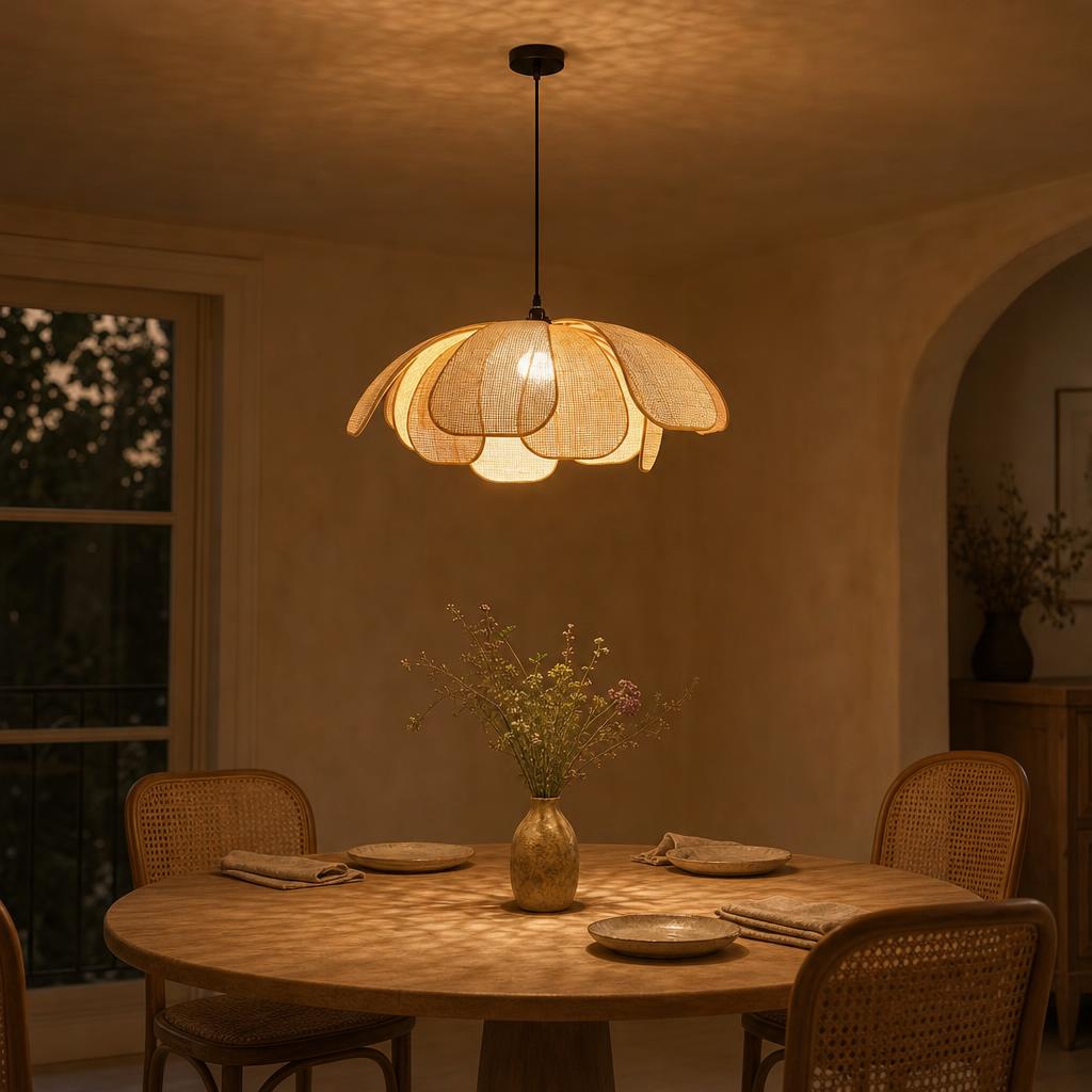 Suspension Valse en rotin au-dessus d'une table ronde en chêne le soir