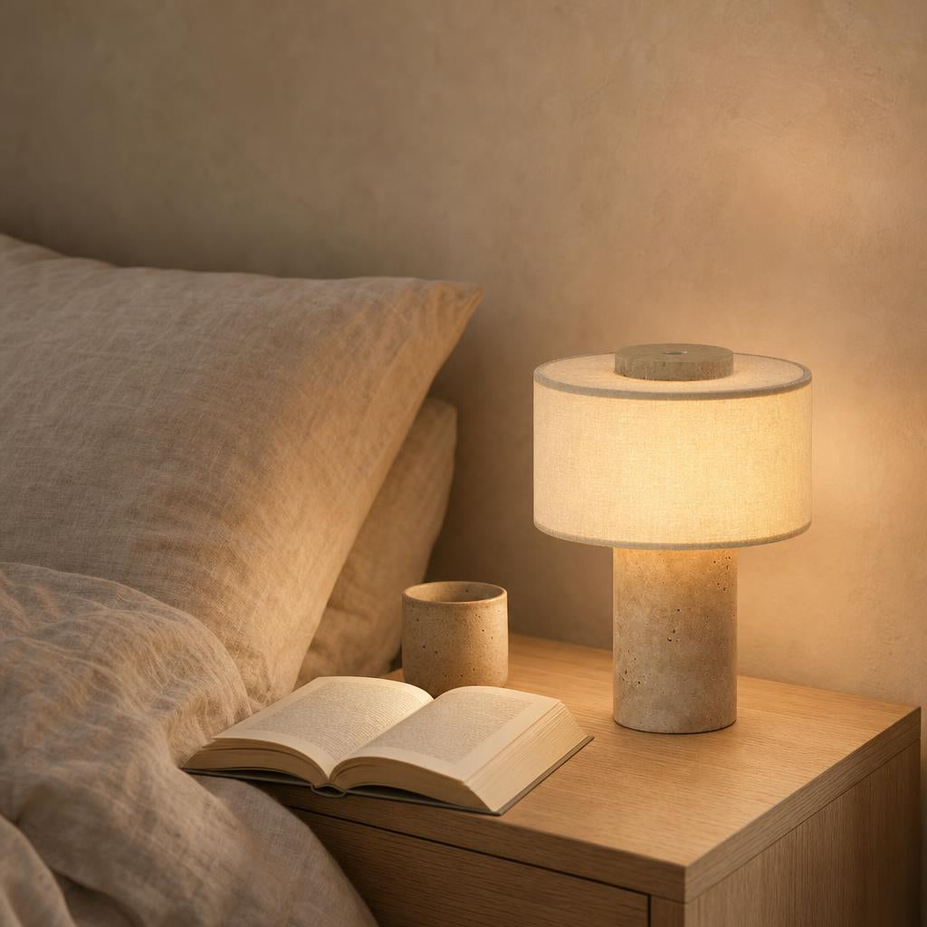 Lampe sans fil Adagio en travertin allumée sur une table de chevet en chêne
