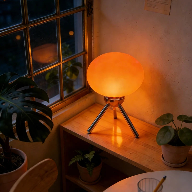 Lampe Scherzo rouge allumée le soir, lueur orangée