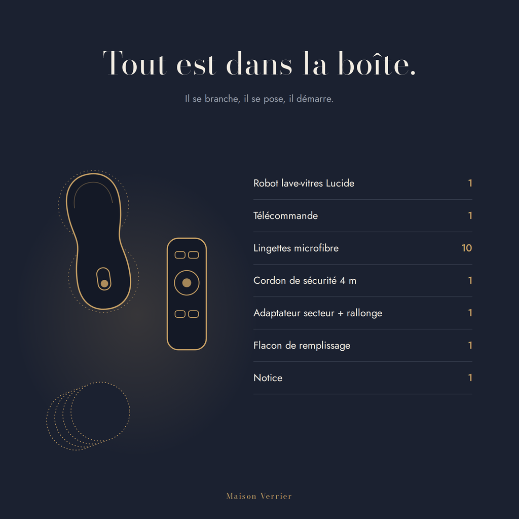 Contenu de la boîte du robot lave-vitres Lucide