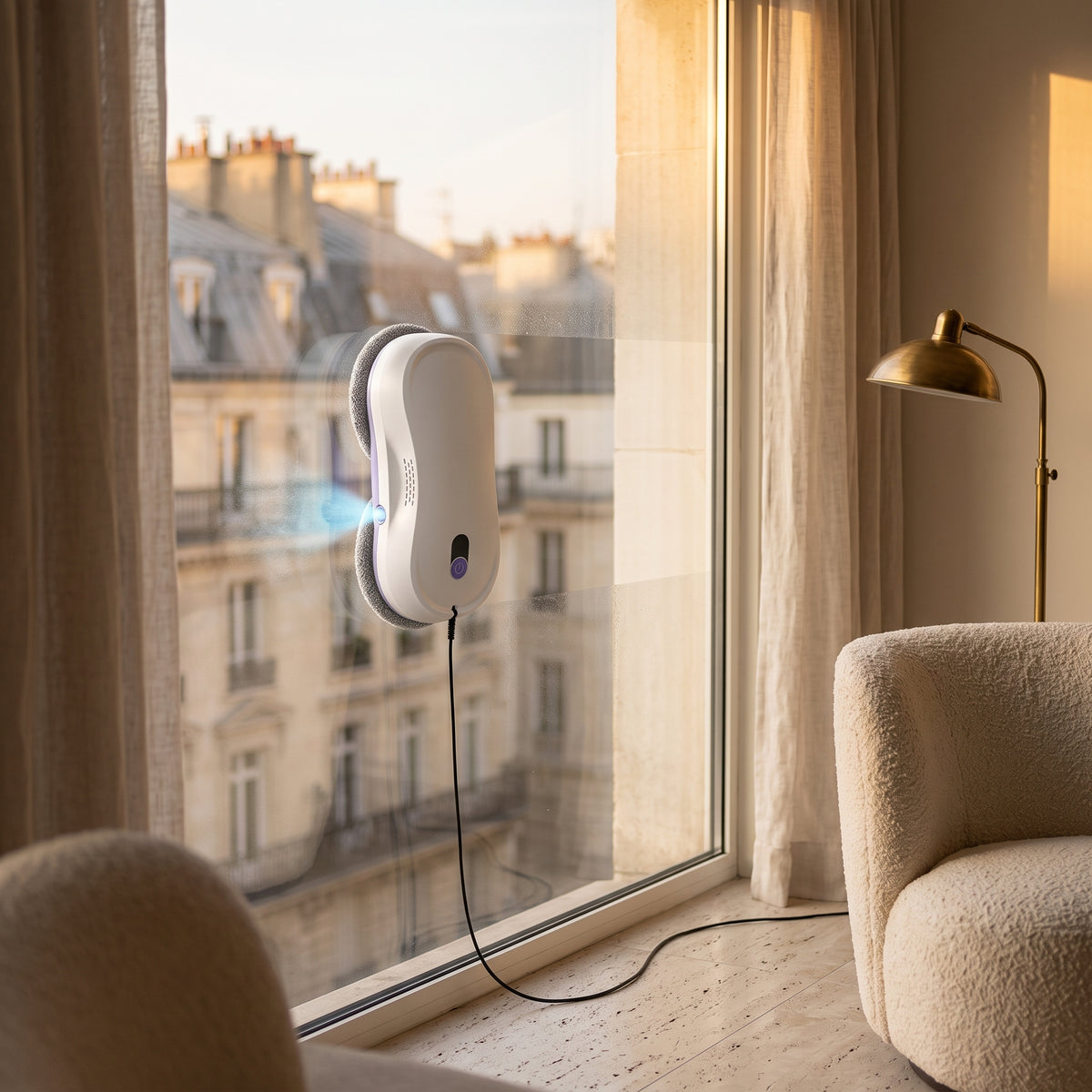 Robot lave-vitres Lucide nettoyant une grande fenêtre dans un appartement parisien