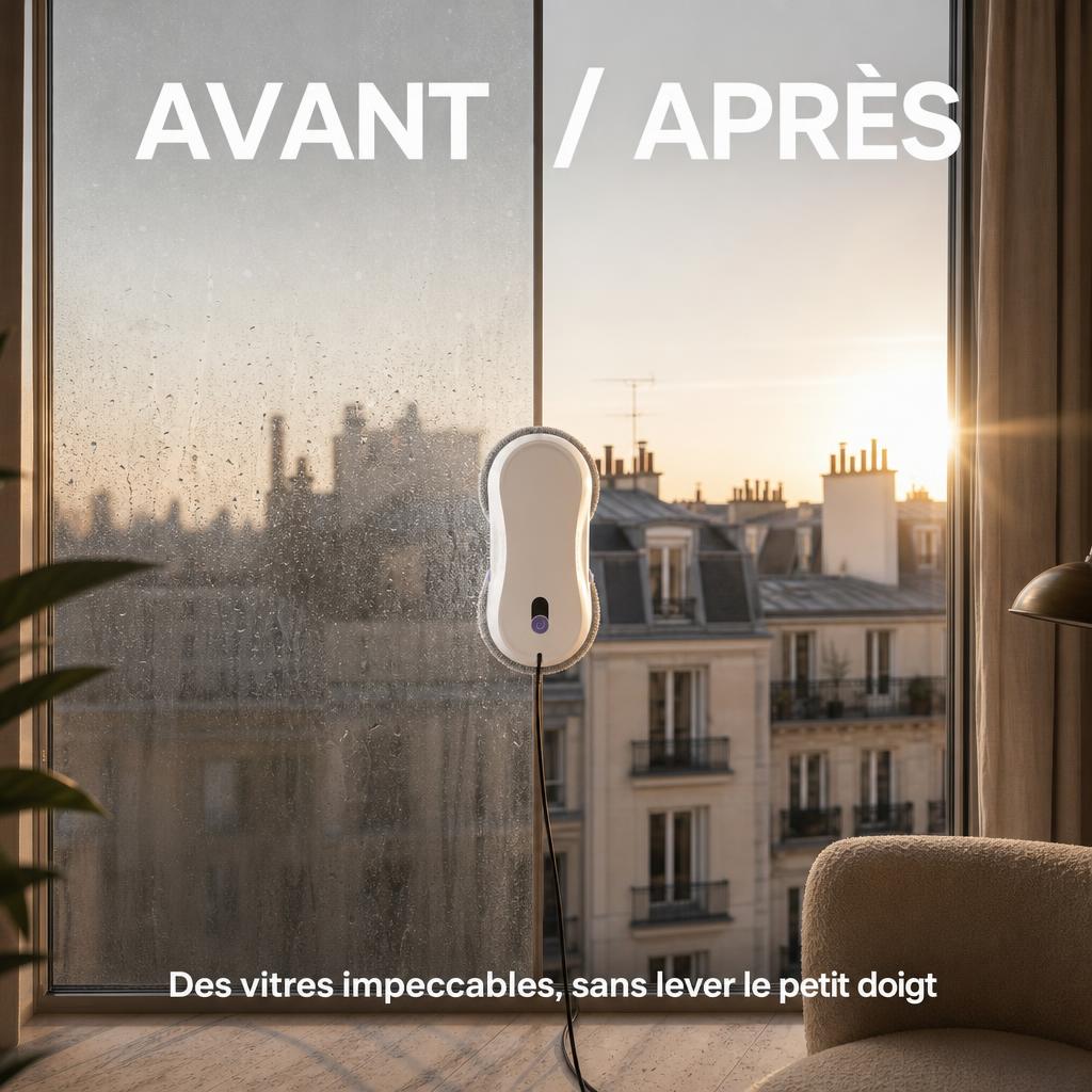 Robot lave-vitres Lucide, vitre avant et après nettoyage