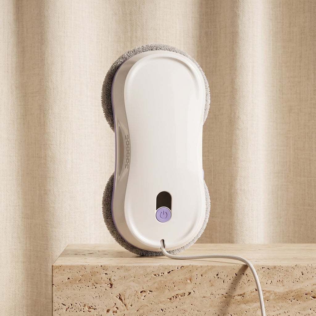 Robot lave-vitres Lucide posé sur un socle en travertin