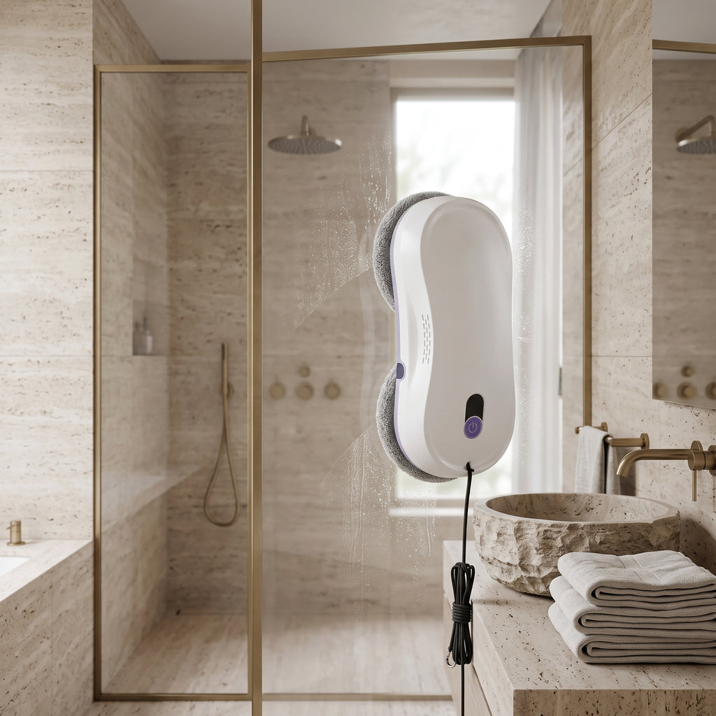 Robot lave-vitres Lucide sur une paroi de douche