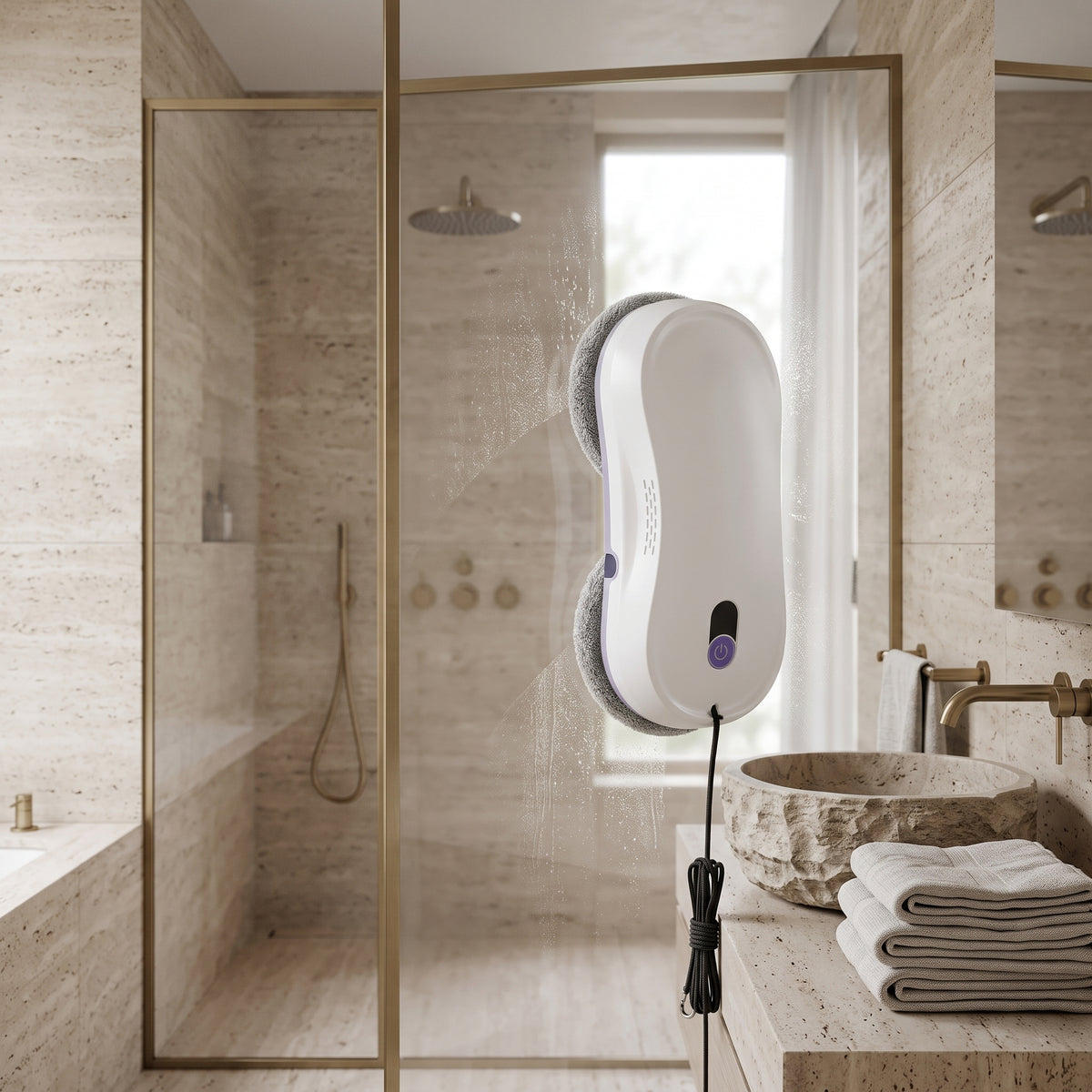 Robot lave-vitres Lucide sur une paroi de douche