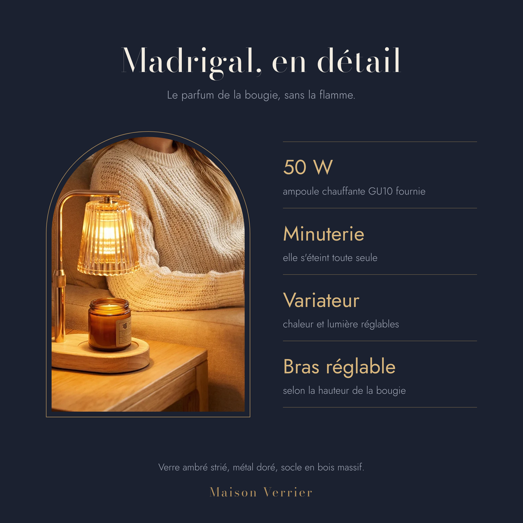 Lampe chauffe-bougie Madrigal : ampoule 50 W, minuterie, variateur, bras réglable