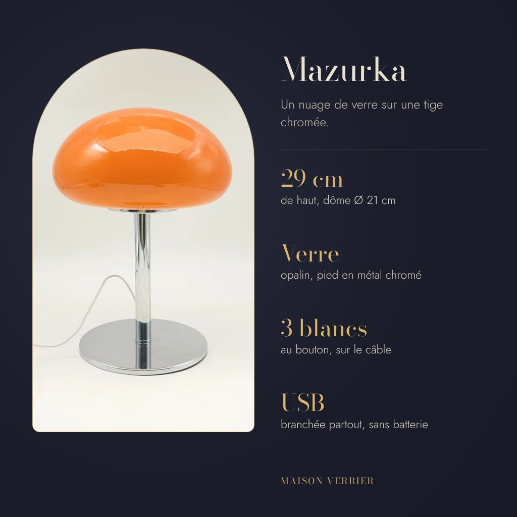 Lampe Mazurka : 29 cm de haut, dôme Ø 21 cm, verre opalin, 3 blancs, USB