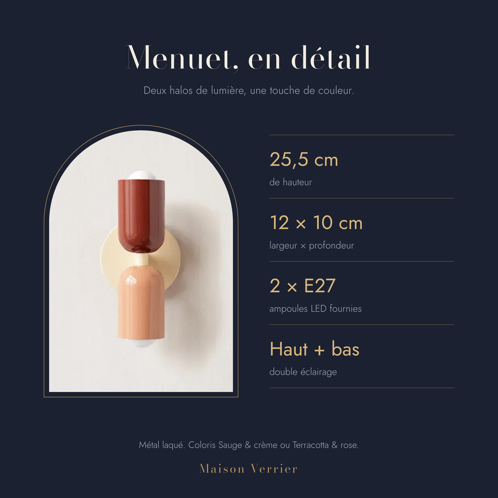 Dimensions de l'applique Menuet : 25,5 cm de haut, 12 × 10 cm