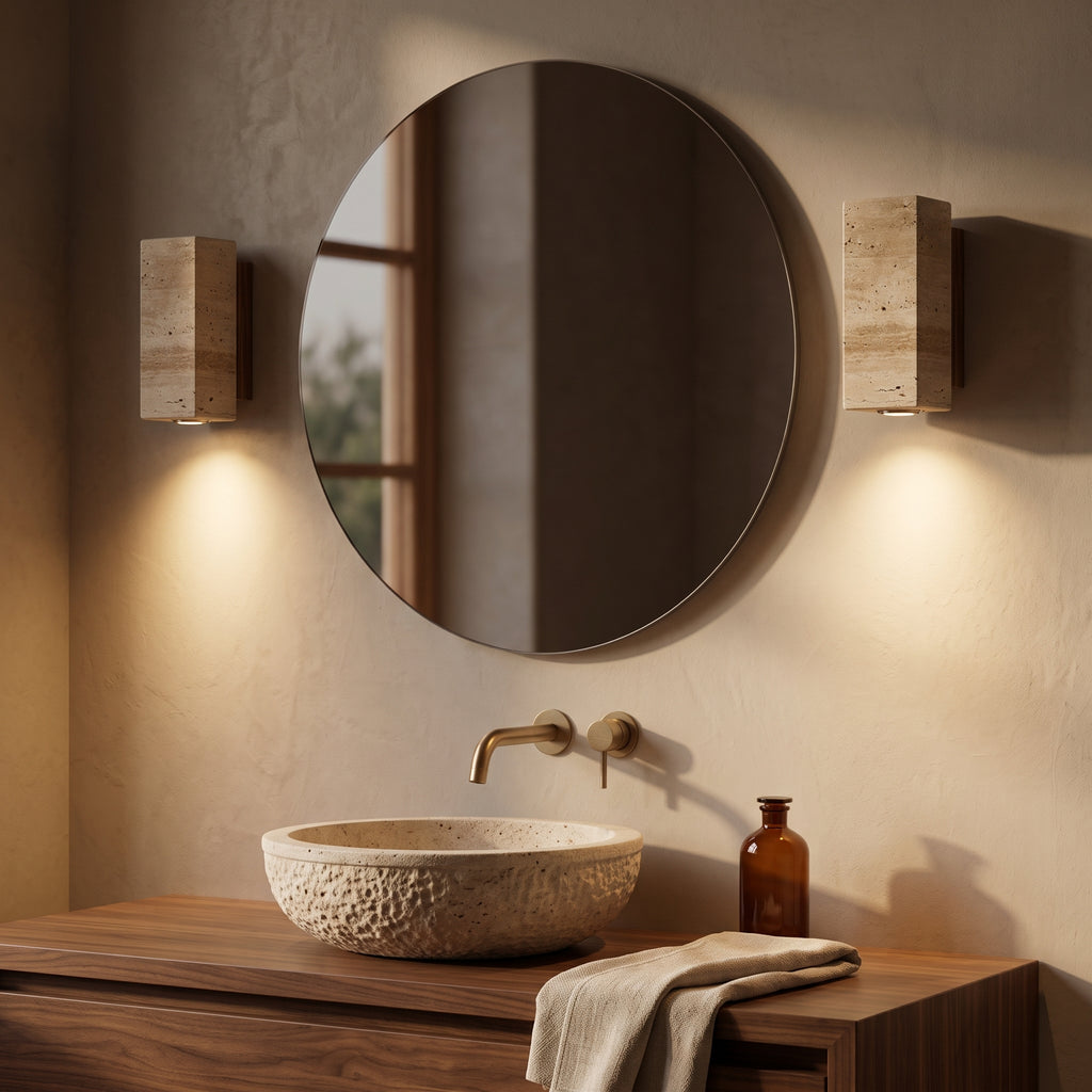 Deux appliques Motet de chaque côté d'un miroir de salle de bain