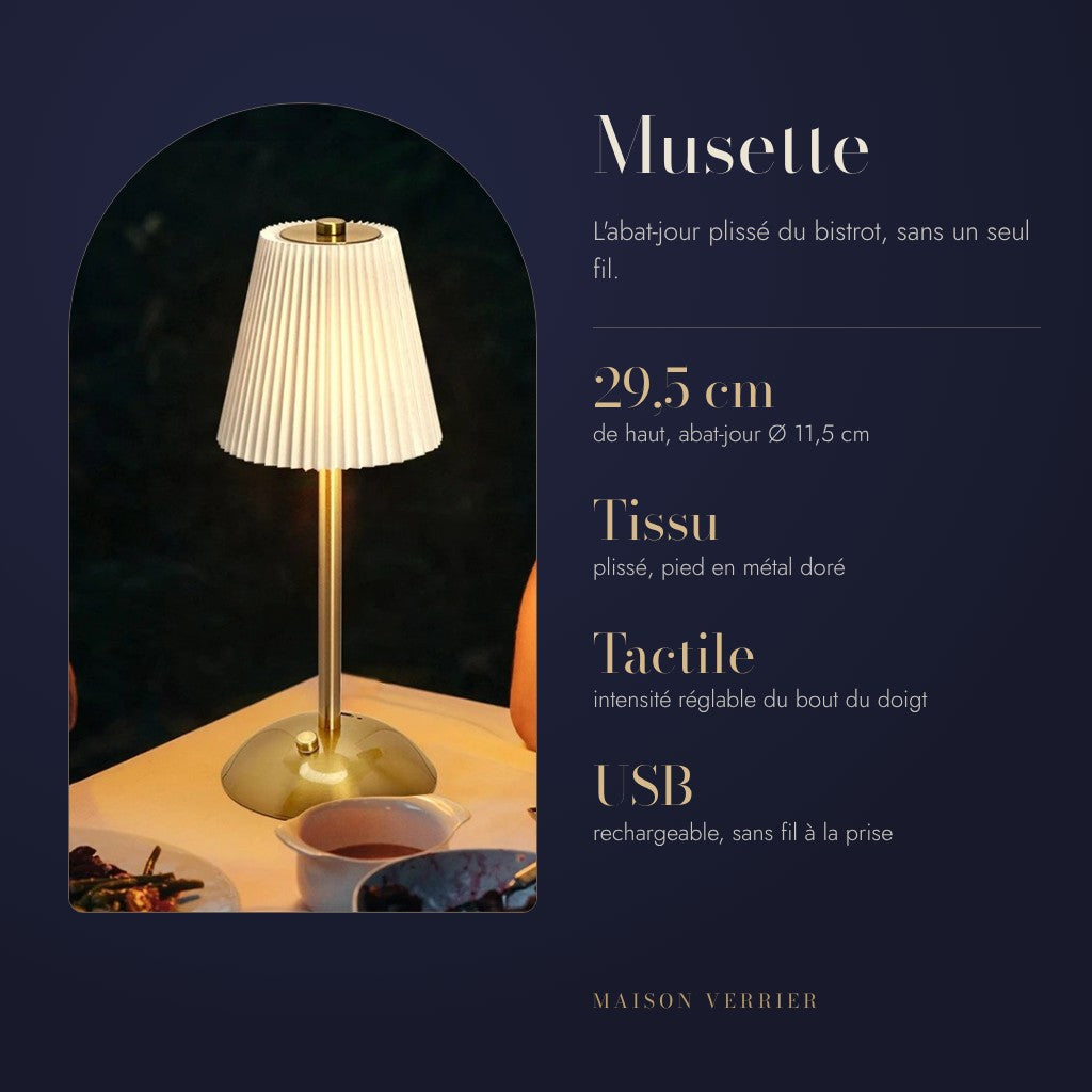 Musette : 29,5 cm de haut, abat-jour Ø 11,5 cm, Tissu plissé, pied en métal doré, Tactile intensité réglable du bout du doigt