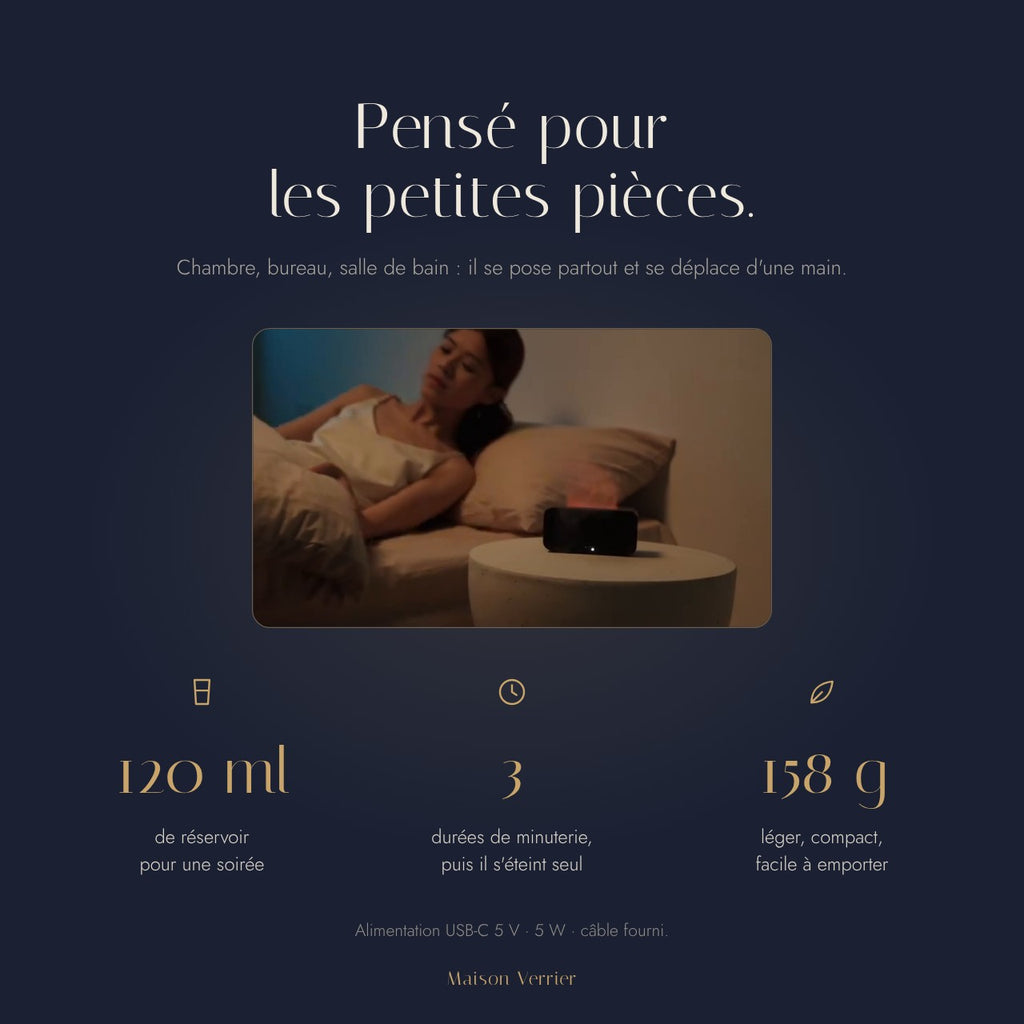 Diffuseur flamme compact Vibrato : réservoir 120 ml, minuterie, 158 g