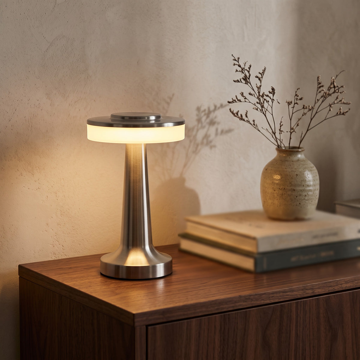 Lampe sans fil Fugue argent allumée sur une commode en noyer