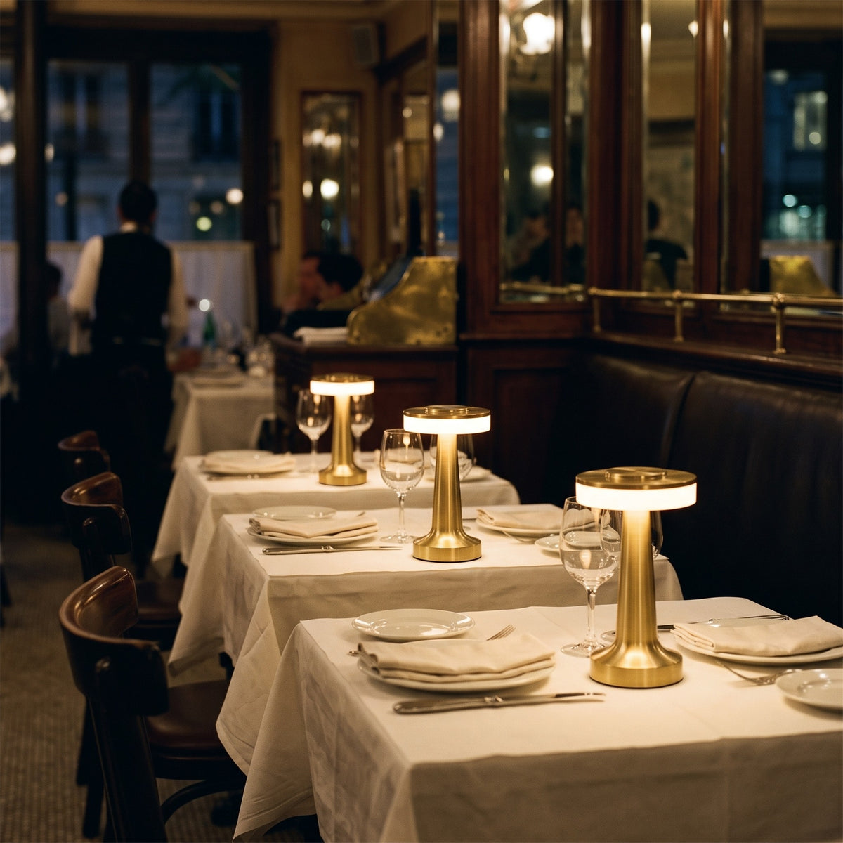 Lampes sans fil Fugue dorées allumées sur les tables d'un bistrot parisien