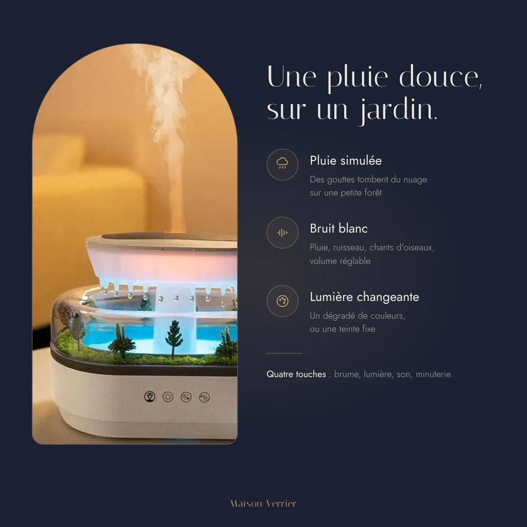 Humidificateur pluie Pastorale : pluie simulée, bruit blanc, lumière changeante