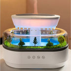 Humidificateur pluie Pastorale : détail du paysage et des gouttes de pluie