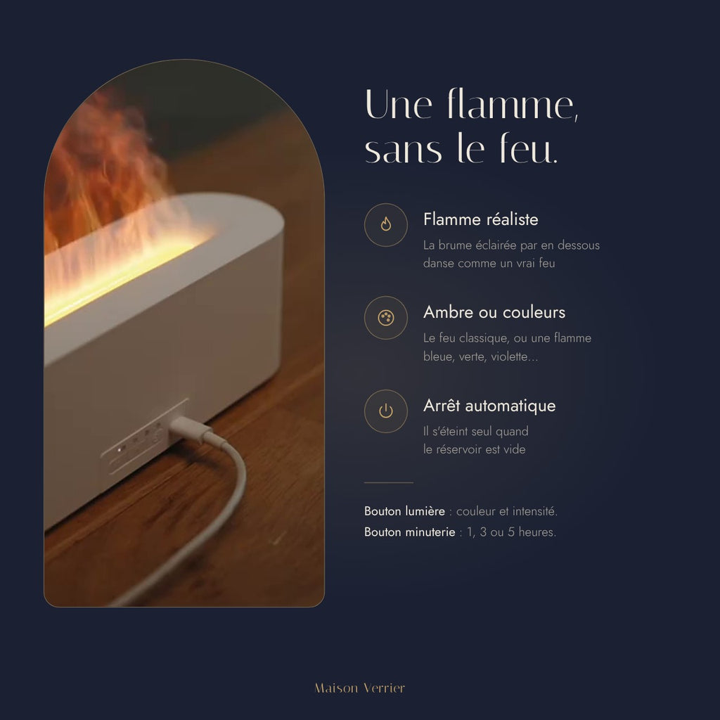 Diffuseur effet flamme Boléro : flamme réaliste, couleurs et arrêt automatique