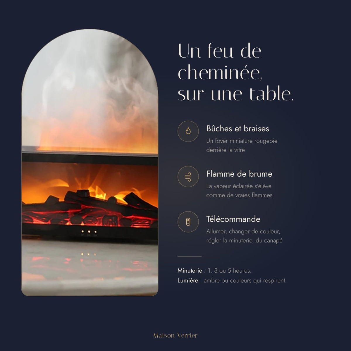 Humidificateur cheminée Rhapsodie : bûches, flamme de brume et télécommande