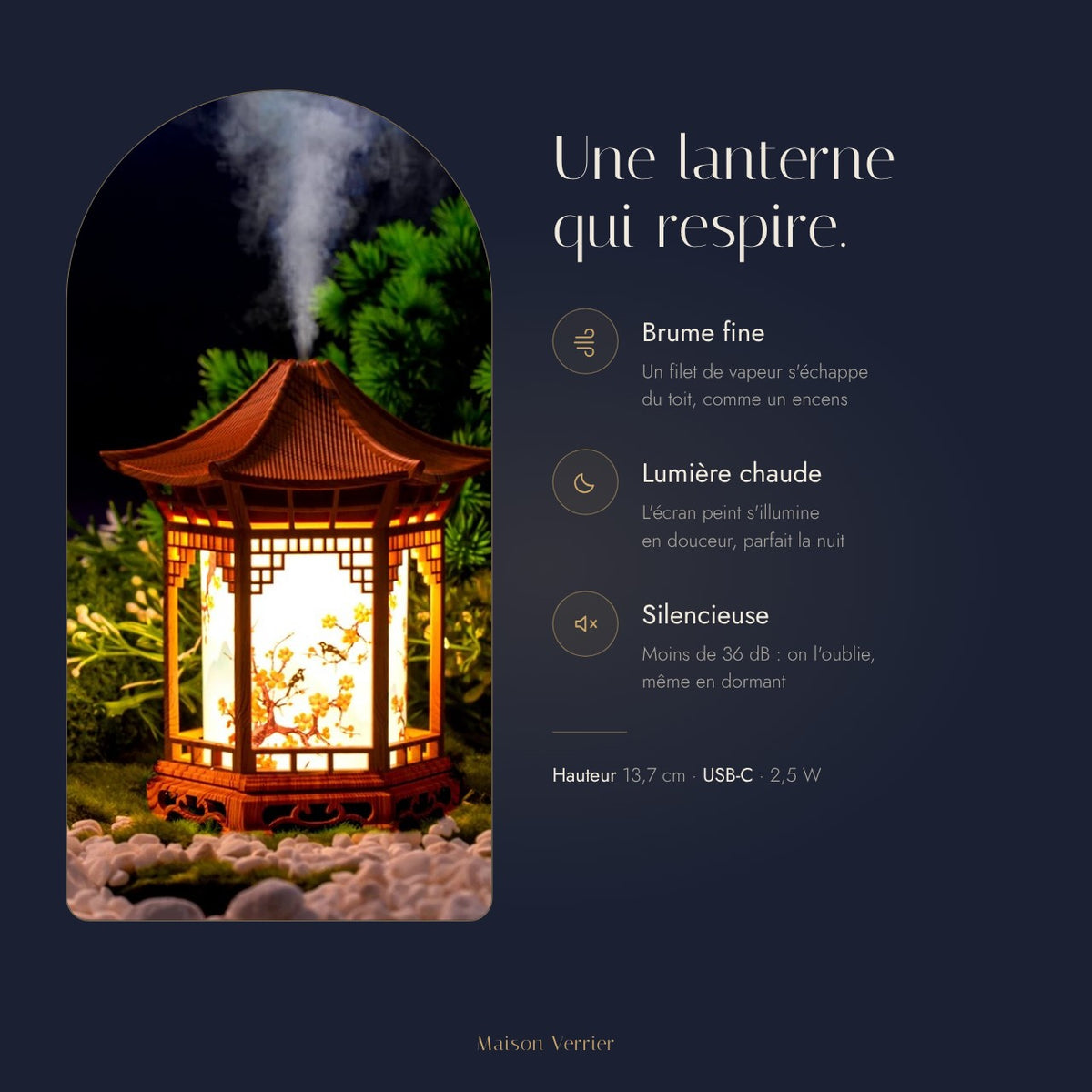 Diffuseur lanterne Lyre : brume fine, lumière chaude, silencieuse