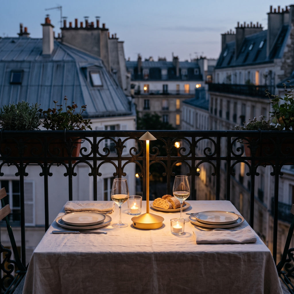 Lampe sans fil Solo dorée sur une table dressée pour deux, balcon parisien au crépuscule