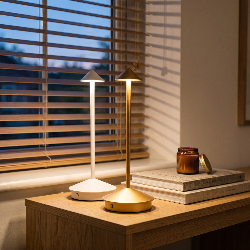 Lampes sans fil Solo blanche et dorée allumées devant une fenêtre à stores