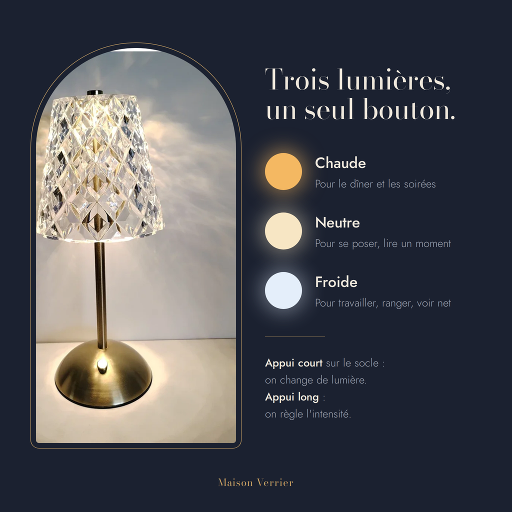 Lampe sans fil Nocturne : trois lumières, chaude, neutre et froide, réglables avec un seul bouton