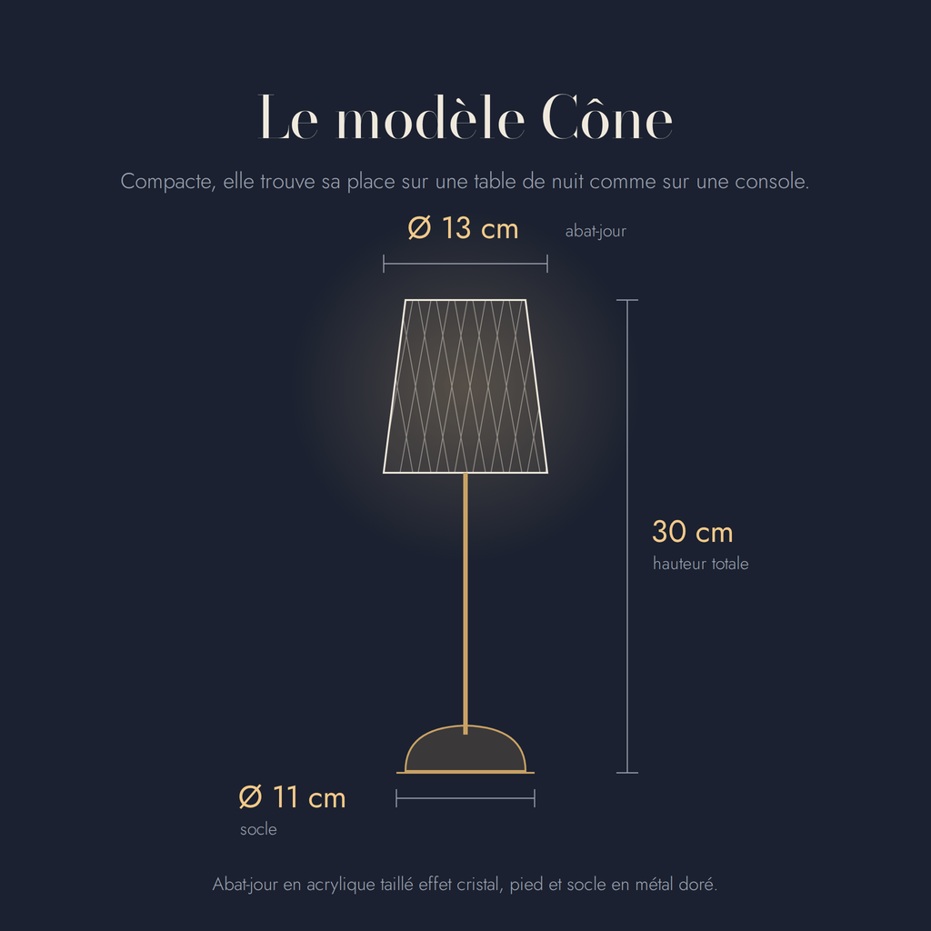 Dimensions de la lampe Nocturne modèle Cône : 30 cm de haut, abat-jour Ø 13 cm, socle Ø 11 cm