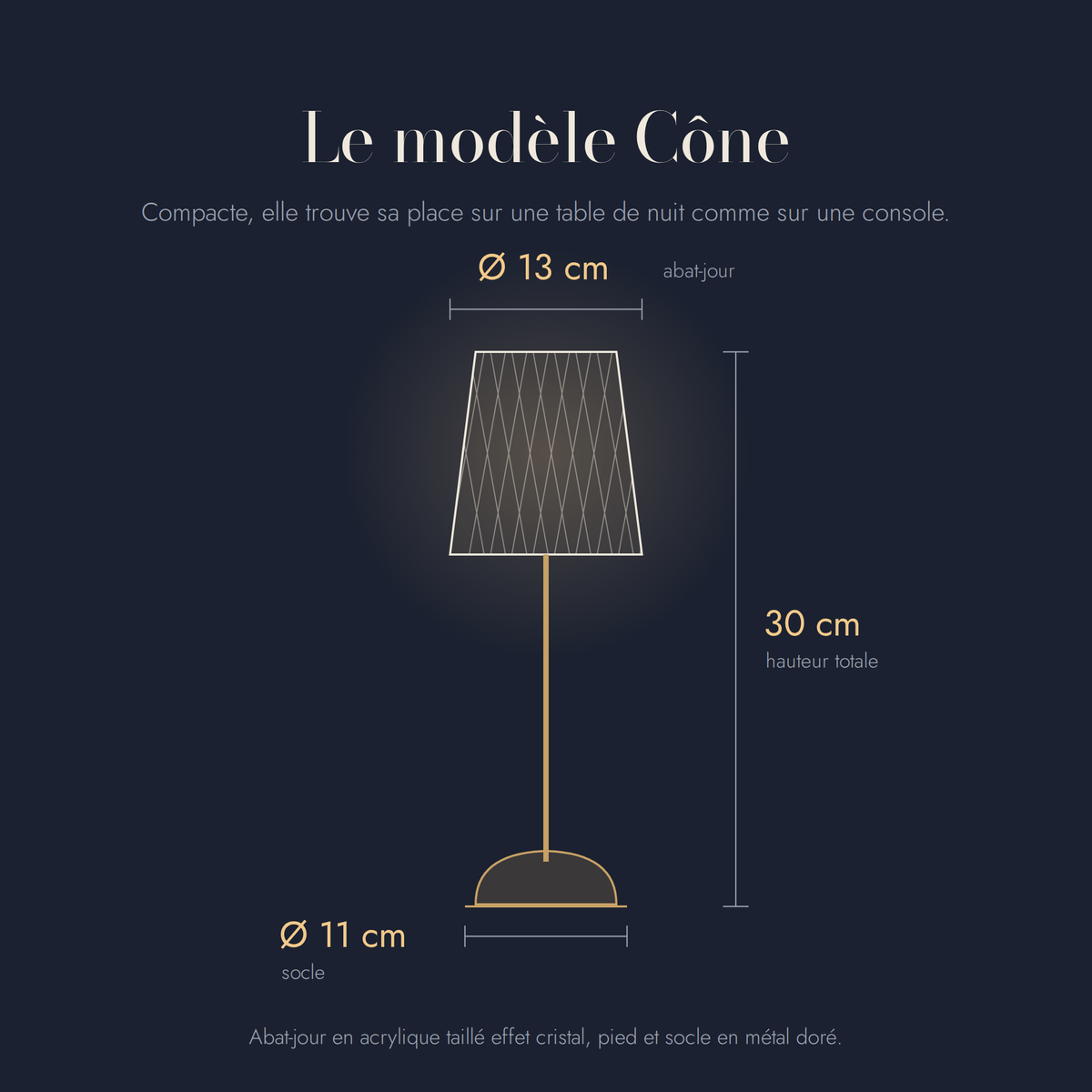 Dimensions de la lampe Nocturne modèle Cône : 30 cm de haut, abat-jour Ø 13 cm, socle Ø 11 cm