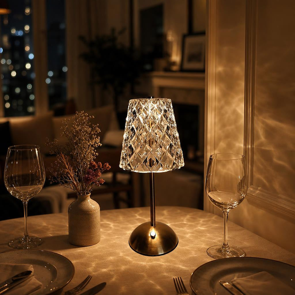 Lampe sans fil Nocturne modèle Cône sur une table de dîner dressée pour deux, reflets de cristal sur la nappe