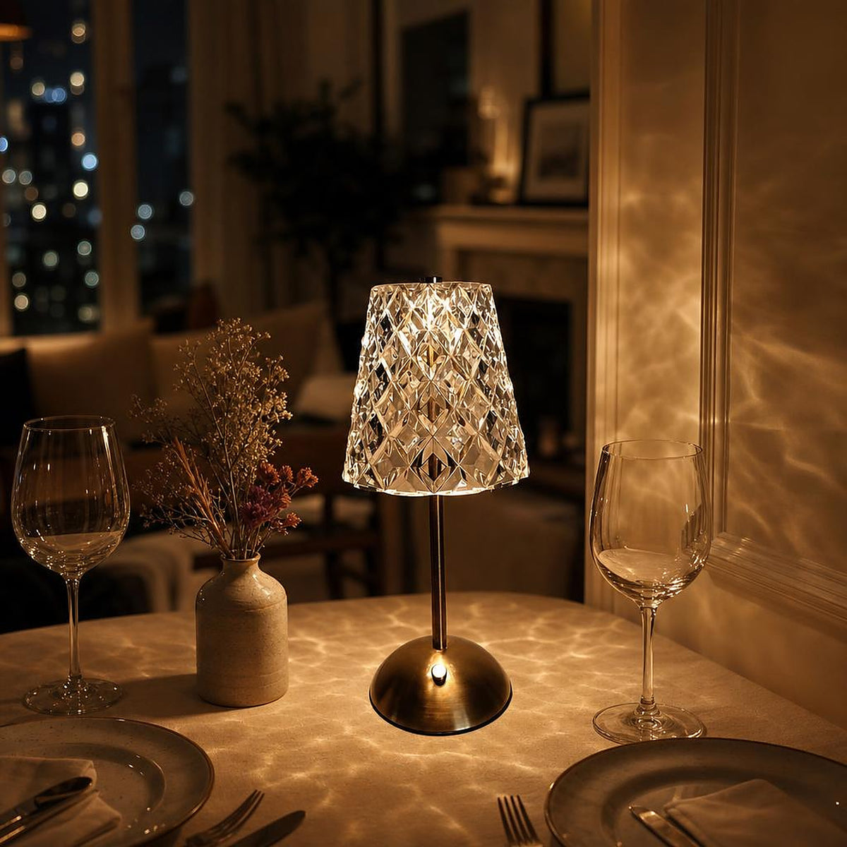 Lampe sans fil Nocturne modèle Cône sur une table de dîner dressée pour deux, reflets de cristal sur la nappe