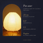 Lampe Pavane : 23 cm de diamètre, 21 cm de haut, ampoule E27 fournie, prise européenne