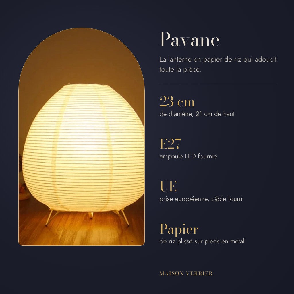 Lampe Pavane : 23 cm de diamètre, 21 cm de haut, ampoule E27 fournie, prise européenne