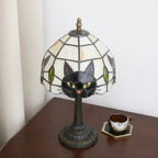 Lampe Tiffany chat noir Pizzicato éteinte, vitrail crème