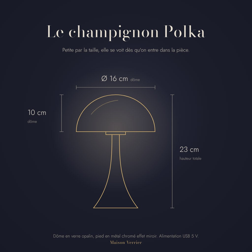 Dimensions de la lampe champignon Polka : dôme Ø 16 cm, hauteur 23 cm