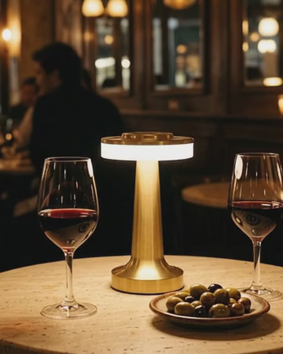 Lampe sans fil Fugue dorée qui s'illumine sur une table de bar à vin