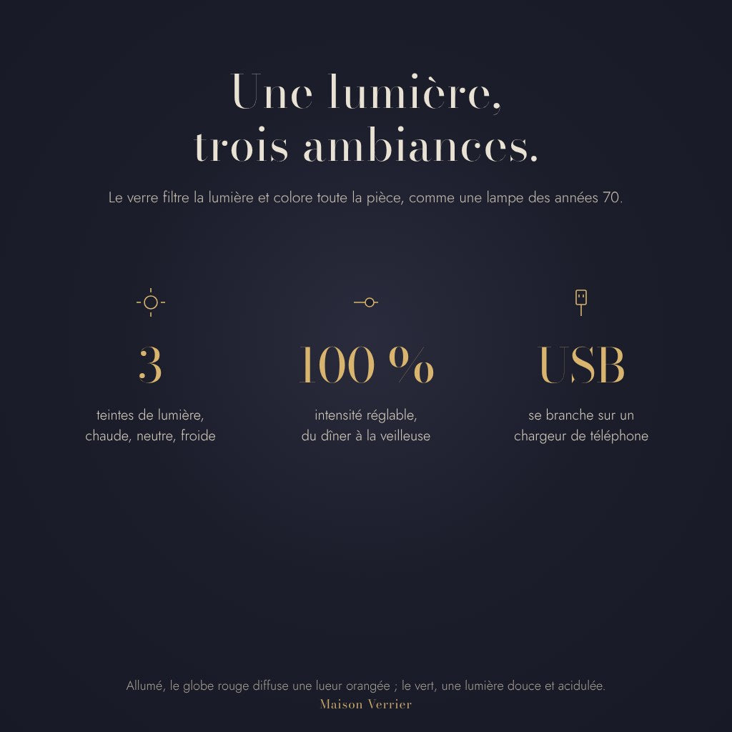 Lampe Scherzo : trois teintes de lumière, intensité réglable, alimentation USB