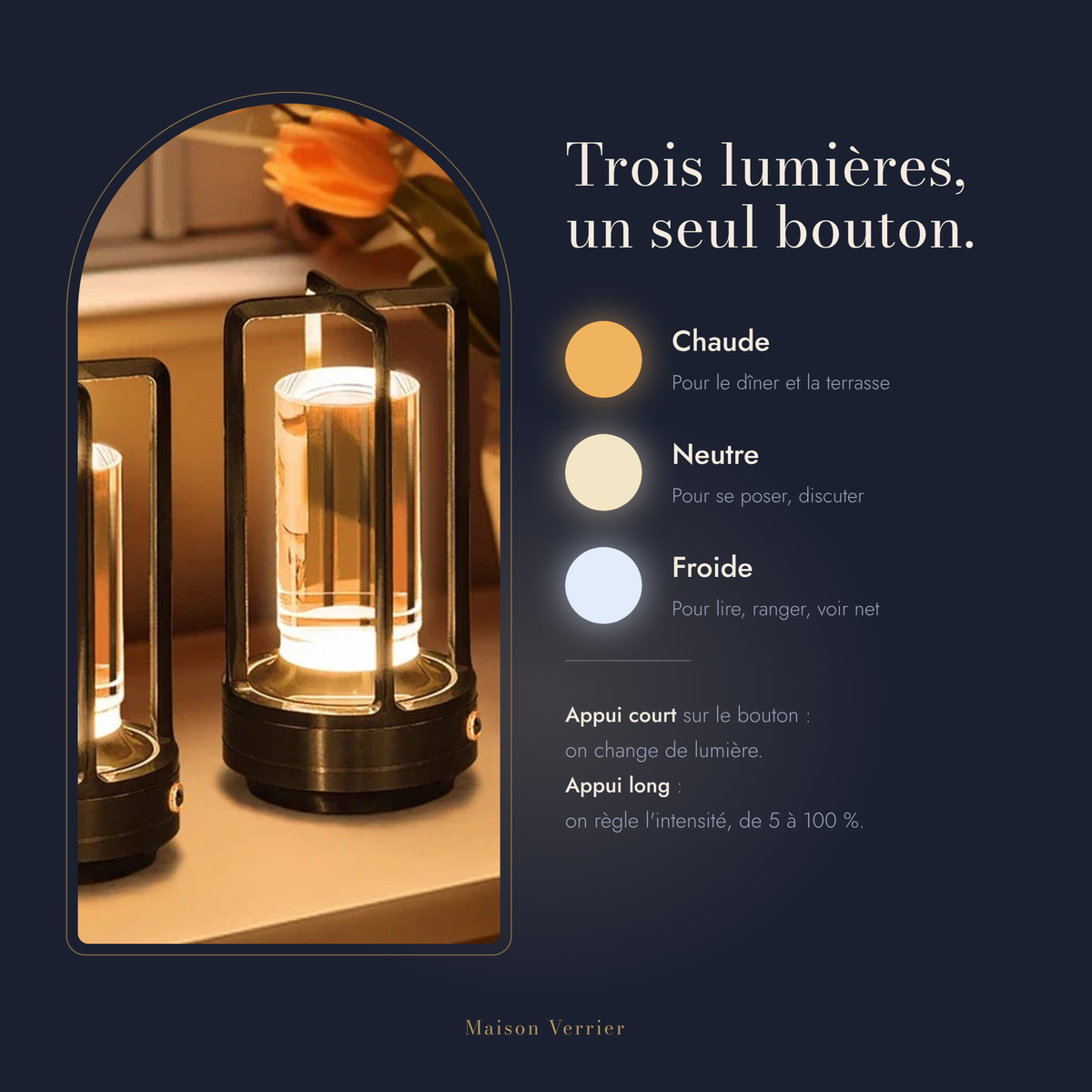 Lanterne sans fil Sérénade : trois lumières, un seul bouton