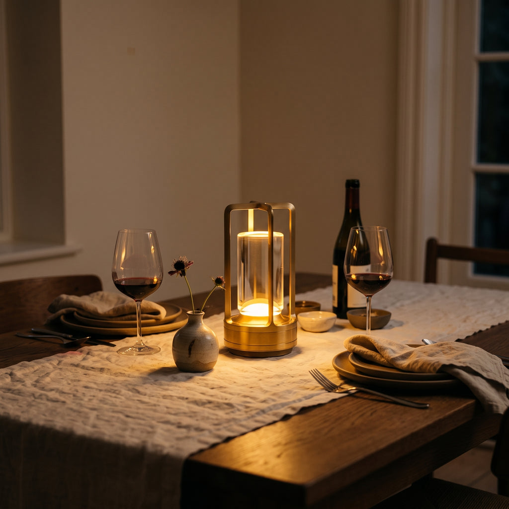 Lanterne Sérénade dorée sur une table de dîner