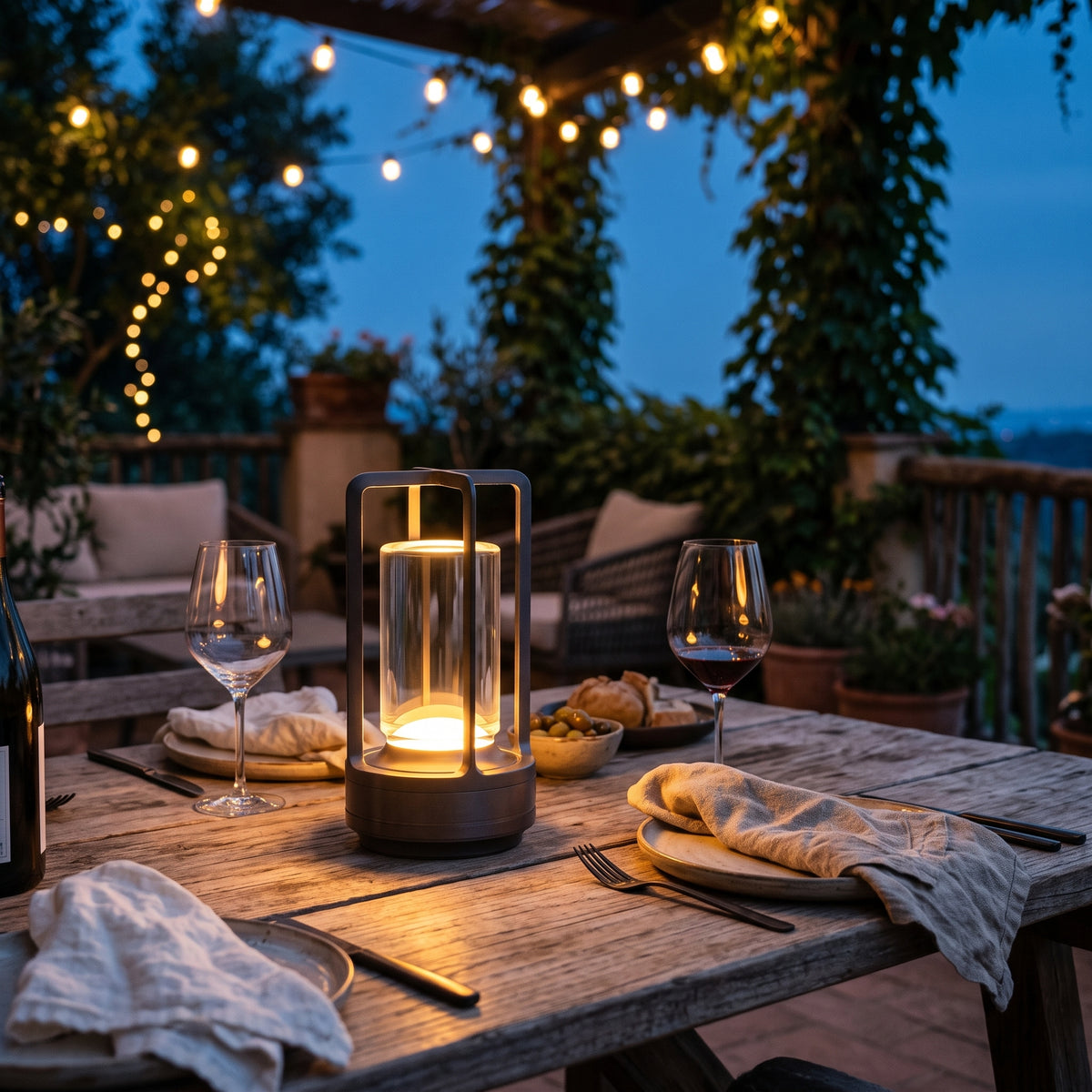 Lanterne Sérénade noire sur une table de terrasse