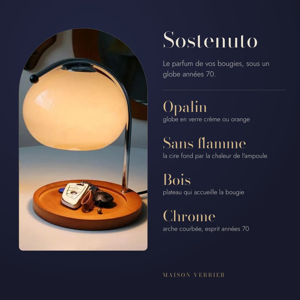 Sostenuto : globe en verre opalin crème ou orange, sans flamme, plateau en bois qui accueille la bougie